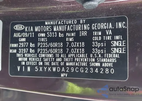 2012 Kia Sorento Sx V6 from USA, damaged, VIN 5XYKWDA29CG234280